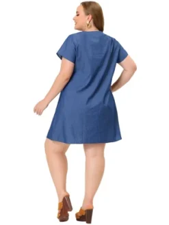 Agnes Orinda Women's Plus Size Solid Pleat V Neck Chambray Dress -Agnes Sales Store GUEST 150daa85 5ed0 4a09 99a0 81939ea1fcd2