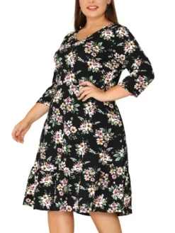 Agnes Orinda Women's Plus Size V Neck Ruffle Hem 3/4 Sleeve Elegant Floral Dresses