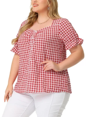 Agnes Orinda Women's Plus Size Gingham 1950s Sweetheart Neck Plaid Blouse 1 Agnes Orinda Women's Plus Size Gingham 1950s Sweetheart Neck Plaid Blouse