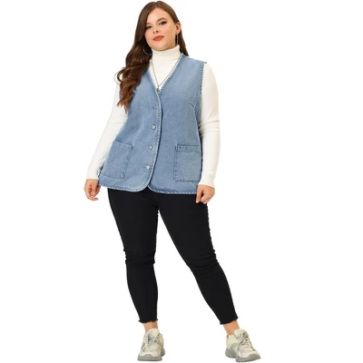 Agnes Orinda Women's Plus Size Sleeveless Denim Button Down V Neck Jean Vest 2 Agnes Orinda Women's Plus Size Sleeveless Denim Button Down V Neck Jean Vest - Image 2