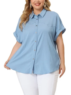Agnes Orinda Women's Plus Size Chambray Work Roll Sleeves Buttons Down Shirts 3 Agnes Orinda Women's Plus Size Chambray Work Roll Sleeves Buttons Down Shirts - Image 3