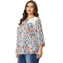 Agnes Orinda Women's Plus Size Floral Printed Lace Panel Self Tie Neck 3/4 Sleeves Summer Tops -Agnes Sales Store GUEST 16ceafe5 68a7 4f61 ae5b a51424f14849
