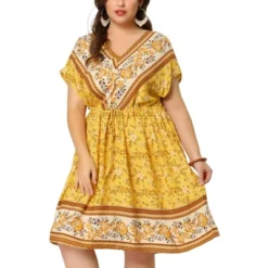 Agnes Orinda Women's Plus Boho Floral Pattern V Neck Drop Shoulder Drawstring Waist Dresses -Agnes Sales Store GUEST 17e1c3c2 bdec 42a9 93bd 3d563e46187c