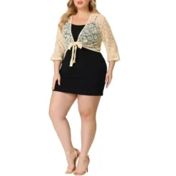 Agnes Orinda Women's Plus Size Tie Front Lace Hollow Out Crop Shrug