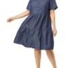 Agnes Orinda Women's Plus Size Babydoll Half Placket Elastic Back Button Chambray Dresses