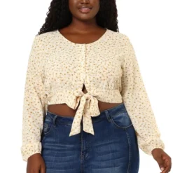 Agnes Orinda Women's Plus Size Crop Tops Floral Tie Waist Puff Sleeve Blouse -Agnes Sales Store GUEST 19288540 6d63 457c 8a21 37b343cc9a9a