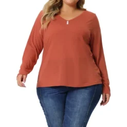 Agnes Orinda Women's Plus Size Long Sleeve V Neck Button Front Casual T-shirt