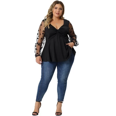 Agnes Orinda Women's Plus Size Heart Sheer Long Sleeve Mesh V Neck Peplum Blouse 2 Agnes Orinda Women's Plus Size Heart Sheer Long Sleeve Mesh V Neck Peplum Blouse - Image 2