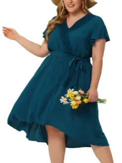 Agnes Orinda Women's Plus Size Short Sleeve Lace Insert High Low Belt A-Line Boho Midi Dress