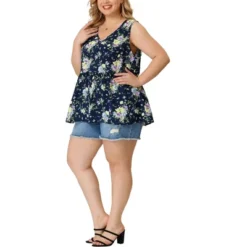 Agnes Orinda Women's Plus Size V Neck Sleeveless Flare Floral Peplum Tank Tops