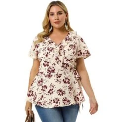 Agnes Orinda Women's Plus Size Ruffle Neck Floral Wrap Tie Waist Blouse -Agnes Sales Store GUEST 1b95e7bc 04a4 46c1 aed2 b8e540f37d7c