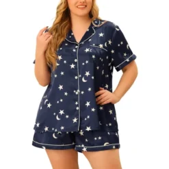 Agnes Orinda Women's Plus Size Patch Pocket Comfort Piping Stars Short Sleeve Pajamas Set