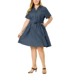 Agnes Orinda Women's Plus Size Buttons Belted Short Sleeves Chambray Shirtdress -Agnes Sales Store GUEST 1c7c2621 9527 4baf 862d 78b6c58cb4f0
