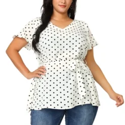 Agnes Orinda Women's Plus Size V Neck Tie Waist Polka Dots Blouse
