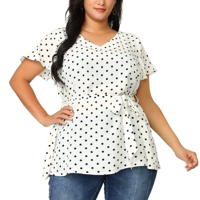 Agnes Orinda Women's Plus Size V Neck Tie Waist Polka Dots Blouse 1 Agnes Orinda Women's Plus Size V Neck Tie Waist Polka Dots Blouse