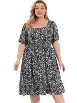 Agnes Orinda Women's Plus Size Ruffle Hem Smocked Waist Floral MIdi Shirt Dress -Agnes Sales Store GUEST 1d5b9cf0 a898 45be 8076 b58dcc5d55bd