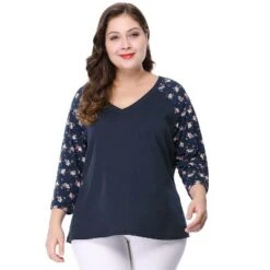 Agnes Orinda Women's Plus Size V Neck 3/4 Sleeve Raglan Floral Print Peasant Tops