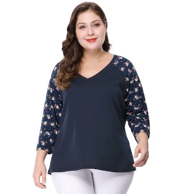Agnes Orinda Women's Plus Size V Neck 3/4 Sleeve Raglan Floral Print Peasant Tops 1 Agnes Orinda Women's Plus Size V Neck 3/4 Sleeve Raglan Floral Print Peasant Tops
