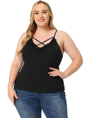 Agnes Orinda Plus Size Camisole For Women Contrast Lace Criss Cross V Neck Spaghetti Strap Top 2 Agnes Orinda Plus Size Camisole For Women Contrast Lace Criss Cross V Neck Spaghetti Strap Top - Image 2