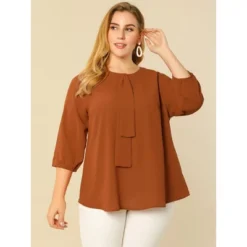 Agnes Orinda Women's Plus Size Work Round Neck Ruffle Chiffon Blouse Top