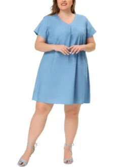 Agnes Orinda Women's Plus Size Solid Pleat V Neck Chambray Dress -Agnes Sales Store GUEST 1fcff954 7089 462b 8c64 840fbdcc3ce1