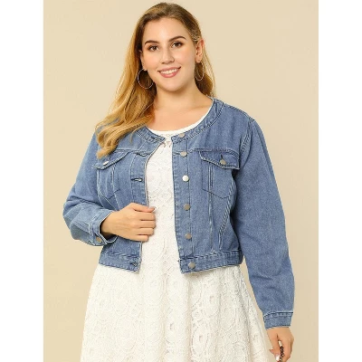 Agnes Orinda Women's Plus Size Long Sleeves Button Down Crew Neck Short Denim Jacket 1 Agnes Orinda Women's Plus Size Long Sleeves Button Down Crew Neck Short Denim Jacket