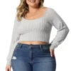 Agnes Orinda Women's Plus Size Ribbed Knit Soft Warm Outfits Long Sleeve Crop Tops