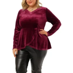 Agnes Orinda Women's Plus Size V Neck Tulip Hem Long Sleeve Peplum Velvet Tops