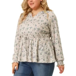 Agnes Orinda Women's Plus Size Floral Ruffle Neck Drawstring Waist Long Sleeve Peplum Tops