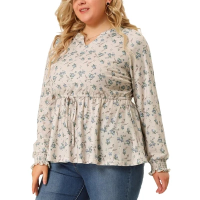 Agnes Orinda Women's Plus Size Floral Ruffle Neck Drawstring Waist Long Sleeve Peplum Tops 1 Agnes Orinda Women's Plus Size Floral Ruffle Neck Drawstring Waist Long Sleeve Peplum Tops