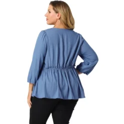 Agnes Orinda Women's Plus Size Peplum Top Pullover Puff Sleeve High Waist Chambray Blouse -Agnes Sales Store GUEST 20cd5f12 f0b2 404c 94a7 6dc9ad922816