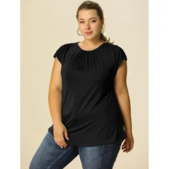Agnes Orinda Women's Plus Size Round Neck Ruched Short Sleeve Summer Casual Blouses