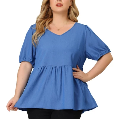 Agnes Orinda Women's Plus Size Blouse Short Sleeve V Neck Chambray Peplum Top 6 Agnes Orinda Women's Plus Size Blouse Short Sleeve V Neck Chambray Peplum Top - Image 6