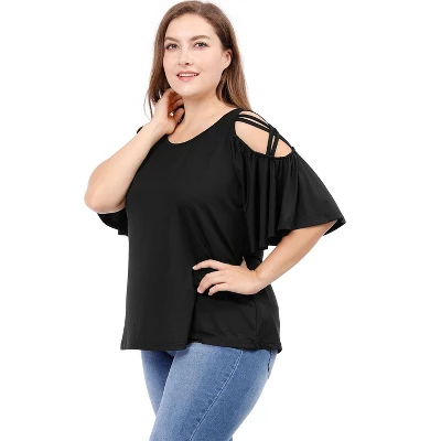Agnes Orinda Women's Plus Size Summer Fashion Cold Shoulder Ruffle Trumpet Sleeve Blouses 2 Agnes Orinda Women's Plus Size Summer Fashion Cold Shoulder Ruffle Trumpet Sleeve Blouses - Image 2