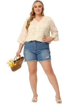 Agnes Orinda Plus Size Top For Women 3/4 Flare Sleeve V Neck Semi Sheer Blouses 2 Agnes Orinda Plus Size Top For Women 3/4 Flare Sleeve V Neck Semi Sheer Blouses - Image 2