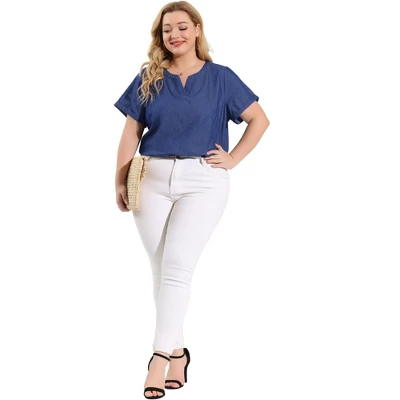 Agnes Orinda Women's Plus Size Blouse Work Short Sleeve V Neck Chambray Casual Tops 2 Agnes Orinda Women's Plus Size Blouse Work Short Sleeve V Neck Chambray Casual Tops - Image 2