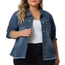 Agnes Orinda Women's Plus Size Button Up Frayed Hem Long Sleeve Casual Jean Jacket