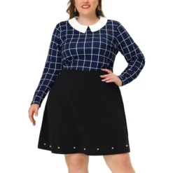Agnes Orinda Women's Plus Size Cute Contrast Collar Plaid Long Sleeve Casual Work Blouse