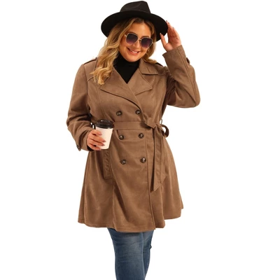 Agnes Orinda Women's Plus Size Faux Suede Notched Lapel Double Breasted Belt Trench Coat Jacket 2 Agnes Orinda Women's Plus Size Faux Suede Notched Lapel Double Breasted Belt Trench Coat Jacket - Image 2