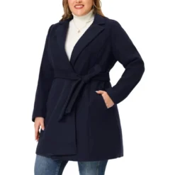 Agnes Orinda Women's Plus Size Work Tie Waist Notched Lapel Long Coat