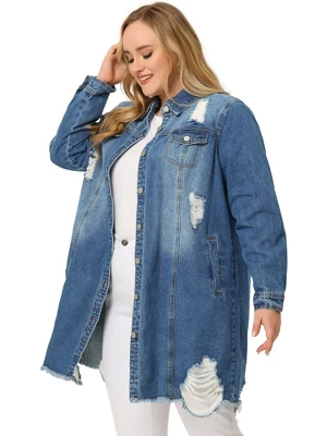 Agnes Orinda Women's Plus Size Classic Jean Distressed Fray Hem Trucker Denim Jackets 2 Agnes Orinda Women's Plus Size Classic Jean Distressed Fray Hem Trucker Denim Jackets - Image 2
