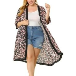 Agnes Orinda Women's Plus Size Floral Chiffon Holiday Midi Cardigans