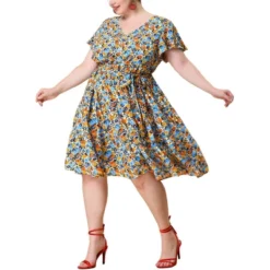 Agnes Orinda Women's Plus Size V Neck Floral Empire Waist Dresses -Agnes Sales Store GUEST 27bc696e 2c54 490c 905d 470da3a1da8f