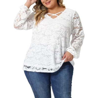 Agnes Orinda Women's Plus Size Lace Sheer Long Sleeve Layer Cross Elastic Cuff V Neck Blouse 5 Agnes Orinda Women's Plus Size Lace Sheer Long Sleeve Layer Cross Elastic Cuff V Neck Blouse - Image 5