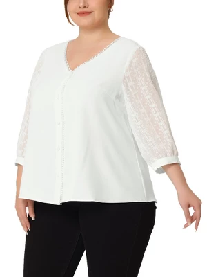 Agnes Orinda Women's Plus Size Spring Elegant Lace Sleeve Button-Down Blouse 1 Agnes Orinda Women's Plus Size Spring Elegant Lace Sleeve Button-Down Blouse