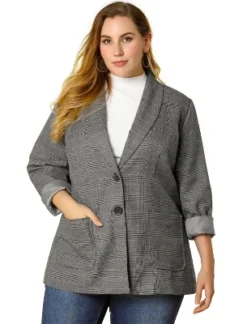 Agnes Orinda Women's Plus Size Plaid Formal Notched Lapel Blazer