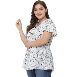 Agnes Orinda Women's Plus Size Peplum V Neck Smocked Waist Floral Chiffon Blouse -Agnes Sales Store GUEST 29044a6a dba0 41cb 9bb6 66f47260c12b