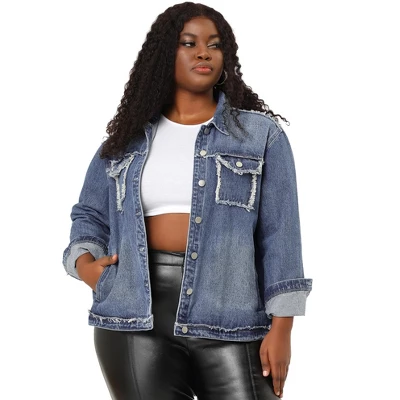 Agnes Orinda Women's Plus Size Button Down Frayed Chest Pockets Short Denim Jacket 3 Agnes Orinda Women's Plus Size Button Down Frayed Chest Pockets Short Denim Jacket - Image 3