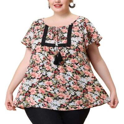 Agnes Orinda Women's Plus Size Chiffon Blouses Tie Neck Tassel Lace Insert Flare Short Sleeve Floral Tops 7 Agnes Orinda Women's Plus Size Chiffon Blouses Tie Neck Tassel Lace Insert Flare Short Sleeve Floral Tops - Image 7