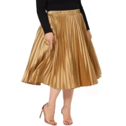 Agnes Orinda Women's Plus Size Pleated Stretched High Waist Premium Metallic Shiny Midi Skirts